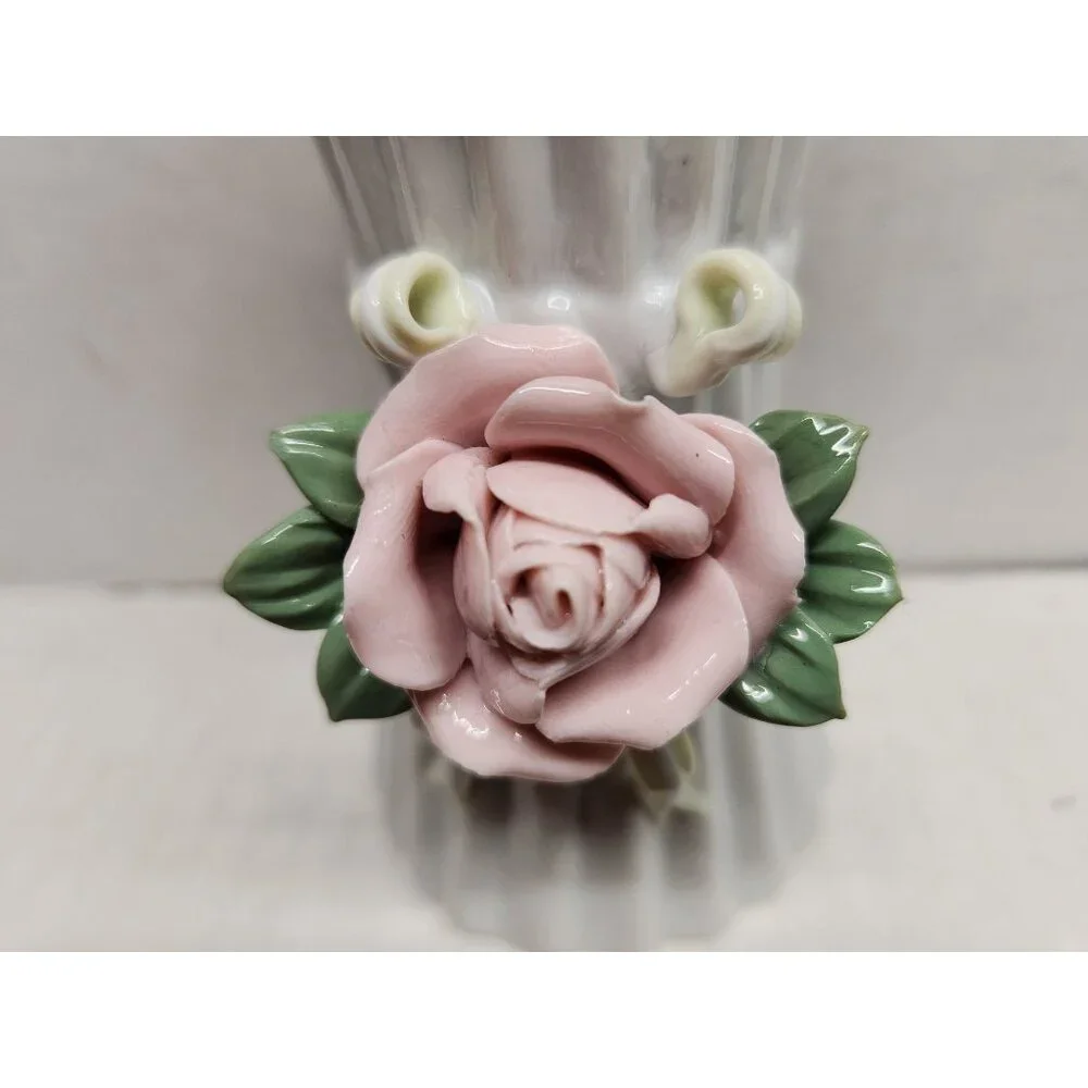 Ceramic Fluted Vase‎ With Pink Rose & Green Leaves Accent